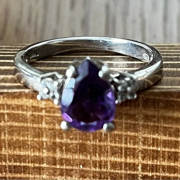 Purple Genuine Pear Cut Amethyst Ring 8 - Picture 4 of 5